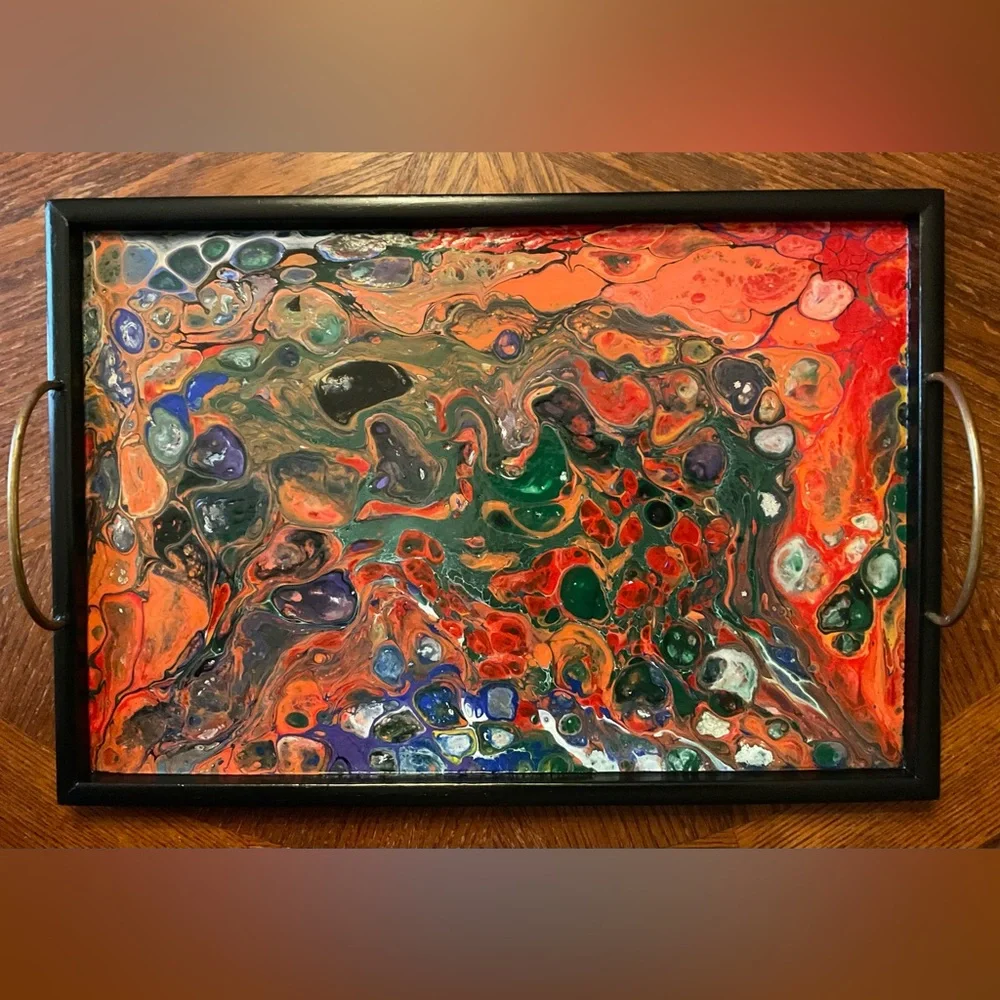 Gorgeous Handmade Original Colorfully Painted Wooden Brass Handle Serving Tray! - Picture 1 of 15